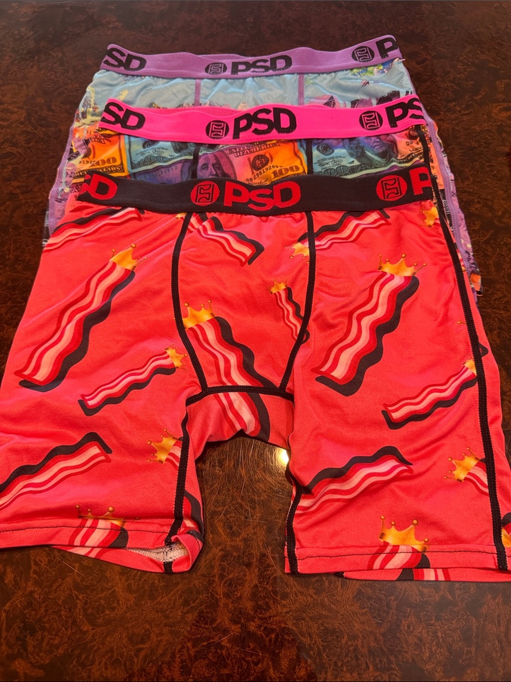 PSD Men’s Bright Red Boxer Briefs with Crown & Bacon Print